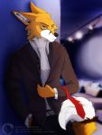  3:4 absurd_res alexander_the_fox anthro belt black_body black_fur black_nose blue_eyes canid canine chest_fur chest_tuft clothing ej_artworkz_(artist) fox fur furniture green_eyes hand_in_pocket hi_res jacket lights male mammal necktie orange_body orange_fur pillow pockets shirt sofa solo studio text topwear tuft white_body white_fur 