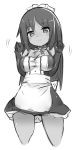  1girl alice_gear_aegis apron bangs bare_shoulders blush bow breasts cleavage closed_mouth cropped_torso dress elbow_gloves eyebrows_visible_through_hair gloves greyscale hands_up kaneshiya_sitara karukan_(monjya) long_hair looking_at_viewer maid maid_headdress medium_breasts monochrome parted_bangs simple_background sleeveless sleeveless_dress smile solo striped striped_bow very_long_hair waist_apron white_background 