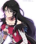  1girl ari_(bleum) bandaged_arm bandages black_hair braid breasts brown_eyes character_name cleavage closed_mouth collarbone eyebrows_visible_through_hair hair_between_eyes long_hair medium_breasts midriff navel off_shoulder shiny shiny_hair solo stomach tales_of_(series) tales_of_berseria twitter_username velvet_crowe very_long_hair white_background 