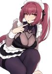  1girl apron bangs black_skirt blush bodysuit breasts cleavage evan_yang fate/grand_order fate_(series) frills hair_intakes highres large_breasts long_hair looking_at_viewer maid maid_headdress open_mouth ponytail purple_hair red_eyes scathach_(fate)_(all) scathach_(fate/grand_order) see-through sheer_clothes simple_background sitting skirt thighs waist_apron white_apron white_background 