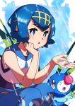  1girl :o absurdres blue_eyes blue_hair blue_pants blue_sailor_collar blush commentary_request gen_7_pokemon hairband head_on_hand highres looking_at_viewer no_sclera open_mouth pants pokemon pokemon_(anime) pokemon_(creature) pokemon_sm_(anime) popplio rain sailor_collar shiny shiny_hair shirt short_hair sleeveless suiren_(pokemon) swimsuit swimsuit_under_clothes taisa_(lovemokunae) water wet 