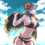  1girl :d armpits bangs bare_shoulders bikini black_bikini black_capelet blue_eyes blue_hair blue_sky blush breasts byleth_(fire_emblem) byleth_(fire_emblem)_(female) cape capelet cleavage cloud commentary_request covered_nipples cowboy_shot dagger day eyebrows_visible_through_hair fire_emblem fire_emblem:_three_houses fire_emblem_heroes flower hair_between_eyes hair_flower hair_ornament highres holding_cape large_breasts long_hair looking_at_viewer midriff navel open_mouth ribbon sheath sheathed sidelocks signature sky smile solo standing swimsuit thigh_gap water_drop weapon wrist_ribbon yori_ill 