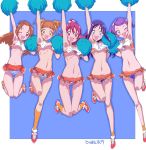  5girls :d ;d aida_mana arm_up armpits blue_hair blue_panties bow breasts brown_hair cheerleader commentary_request dokidoki!_precure hair_bow hair_ornament hairclip highres hishikawa_rikka jumping kenzaki_makoto long_hair looking_at_viewer madoka_aguri medium_breasts miyagoe_yoshitsuki multiple_girls navel one_eye_closed open_mouth orange_skirt panties pink_eyes pink_hair precure purple_eyes purple_hair red_eyes red_footwear shoes short_hair skirt smile socks standing standing_on_one_leg striped striped_panties underboob underwear yellow_eyes yotsuba_alice 