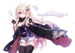  animal_ears blonde_hair blush breasts catgirl cleavage garter_belt gloves japanese_clothes konshin long_hair original phantasy_star_online phantasy_star_online_2 purple_eyes scarf signed stockings tail waifu2x white wink zettai_ryouiki 