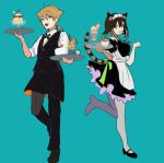  1boy 1girl :d alternate_costume animal_ear_fluff animal_ears apron bangs black_dress black_footwear black_pants black_vest blue_background bow breasts brown_eyes brown_hair cat_ears cat_girl cat_tail collared_shirt cup dress drinking_glass drinking_straw enmaided eyebrows_visible_through_hair fang food food_in_mouth fumino_tamaki fushimi_gaku green_bow green_eyes grey_legwear hair_between_eyes hands_up holding holding_tray maid maid_headdress medium_breasts mole mole_under_eye mouth_hold multicolored_hair nijisanji open_mouth pants pantyhose parfait paw_pose pleated_dress pudding puffy_short_sleeves puffy_sleeves shirt shoes short_sleeves simple_background smile standing standing_on_one_leg striped_tail tail tail_raised tray tsumetsume_zerii two-tone_hair vest virtual_youtuber white_apron white_shirt 