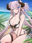 absurdly_long_hair adjusting_hair arm_support artist_name bangs beach between_legs bikini blue_eyes blue_sky bow bow_bikini braid breasts bright_pupils cleavage collarbone commentary draph feet_out_of_frame frilled_bikini frills front-tie_bikini front-tie_top granblue_fantasy hair_ornament hair_over_one_eye hand_between_legs hand_up highres holding holding_hair horns jewelry large_breasts lavender_hair long_hair looking_at_viewer low-tied_long_hair narmaya_(granblue_fantasy) navel ocean omiza_somi one_eye_covered outdoors pointy_ears sand seiza shiny shiny_hair shiny_skin side-tie_bikini sidelocks signature single_earring sitting sky smile starfish_earrings striped striped_bikini swept_bangs swimsuit thigh_strap twin_braids very_long_hair white_bikini 
