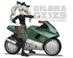  1girl :d absurdres anchovy_(girls_und_panzer) anzio_(emblem) anzio_military_uniform bangs black_neckwear black_ribbon boots clothes_around_waist commentary_request country_connection drill_hair emblem eyebrows_visible_through_hair gilera_cx125 girls_und_panzer green_hair grey_pants ground_vehicle hair_ribbon hand_on_hip head_tilt highres jacket_around_waist kano_(nakanotakahiro1029) knee_boots logo long_hair looking_at_viewer motor_vehicle motorcycle necktie open_mouth outstretched_arm pants partial_commentary red_eyes ribbon shadow simple_background sleeves_rolled_up smile solo translated twin_drills twintails white_background 