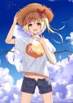  1girl alternate_costume arm_up blonde_hair blue_shorts blue_sky clothes_writing cloud day fangs flan_(seeyouflan) flandre_scarlet hat heart highres legs_apart long_hair looking_at_viewer midriff navel open_fly open_mouth outdoors red_eyes shirt short_sleeves shorts sky smile solo standing straw_hat summer touhou white_shirt wings 