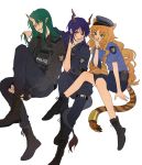  3girls alternate_costume animal_ears arknights blue_hair boots brown_hair ch&#039;en_(arknights) dragon_horns dragon_tail drill_hair fingerless_gloves gloves green_hair hat highres horns hoshiguma_(arknights) latutou1 lgd_officer multiple_girls oni oni_horns pointy_ears police police_hat police_uniform policewoman single_horn skirt swat swire_(arknights) tactical_clothes tail tiger_ears tiger_tail twin_drills uniform vest 