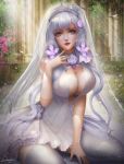  azur_lane cleavage dress illustrious_(azur_lane) kaze_no_gyouja no_bra see_through stockings thighhighs wedding_dress 