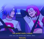  1boy 1girl arms_behind_head arms_up black_eyes black_gloves breasts car_interior chair clenched_teeth closed_eyes crop_top driving earrings elbow_gloves english_commentary english_text fake_screenshot gloves grin hair_intakes hands_up highres jewelry kojirou_(pokemon) long_hair long_sleeves looking_at_another medium_breasts musashi_(pokemon) pokemon pokemon_(anime) pokemon_(classic_anime) purple_hair red_hair red_lips seatbelt shiny shiny_hair shirt short_hair sinful_hime smile steering_wheel subtitled talking team_rocket teeth upper_body white_shirt window 