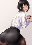  1girl amagami ass bangs black_hair black_skirt blush brown_legwear can commentary_request fingernails head_tilt holding holding_can long_sleeves looking_back nozomi-y open_mouth pantyhose pencil_skirt shirt skirt solo takahashi_maya white_shirt 