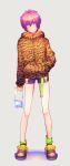  1boy animal_print bag c_(formaggio6220) eyebrows_visible_through_hair full_body girly_boy gravitation grey_background hair_between_eyes hand_in_pocket handbag highres hood hoodie leopard_print looking_at_viewer male_focus pink_hair purple_eyes shindou_shuuichi short_shorts shorts simple_background 