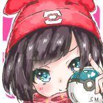  1girl bangs beanie black_hair blue_eyes blush closed_mouth commentary_request eyebrows_visible_through_hair hat heart holding holding_poke_ball looking_at_viewer mizuki_(pokemon) nokocchin outline poke_ball pokemon pokemon_(game) pokemon_sm portrait red_headwear smile solo swept_bangs two-tone_background white_outline 
