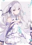  1girl :o animal bag bangs bare_shoulders blue_bag braid breasts cat commentary_request dress emilia_(re:zero) eyebrows_visible_through_hair flower grey_background grey_hair hair_flower hair_ornament highres kodamazon long_hair looking_at_viewer medium_breasts open_mouth pointy_ears puck_(re:zero) purple_eyes purple_ribbon re:zero_kara_hajimeru_isekai_seikatsu ribbon silver_hair simple_background thighhighs white_dress white_flower white_legwear x_hair_ornament 