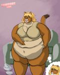 4:5 absurd_res anthro blonde_hair cassie clothing cougar crop_top dishes eating fantasy fatfurs felid feline female furniture grabbing_belly hair hi_res long_hair lumieart mammal messy_eater obese obese_anthro obese_female overweight overweight_anthro overweight_female rolls shirt slightly_chubby slob sofa solo stuffing tight_clothing topwear tuft weight_gain 