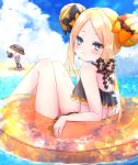  2girls abigail_williams_(fate/grand_order) bangs bare_shoulders bikini black_bikini black_bow blonde_hair blue_sky blush bow breasts double_bun emerald_float fate/grand_order fate_(series) forehead frilled_bikini frills highres lavinia_whateley_(fate/grand_order) long_hair looking_at_viewer multiple_bows multiple_girls ocean octopus orange_bow parted_bangs polka_dot polka_dot_bow sky small_breasts smile swimsuit tokitarou_(fate/grand_order) touko_56 umbrella 