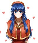  1girl arms_behind_back bangs blue_eyes blue_hair clenched_teeth collarbone delsaber dress fire_emblem fire_emblem:_the_binding_blade hair_between_eyes hat heart lilina_(fire_emblem) long_hair looking_at_viewer orange_capelet red_dress red_headwear shiny shiny_hair solo straight_hair teeth upper_body very_long_hair white_background 