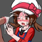  blush bow brown_eyes cum cum_on_clothes cum_on_hair ejaculation erection facial flat_chest furanshisu grey_background hand_up hat hat_bow kotone_(pokemon) long_sleeves matching_hair/eyes nose_blush one_eye_closed open_mouth orgasm overalls penis pokemon pokemon_(game) pokemon_hgss red_bow red_shirt shirt solo_focus textless tied_hair twintails uncensored upper_body white_hat 