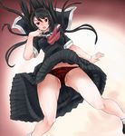  black_hair breasts covered_nipples fangs kaibutsu_oujo kamura_reiri large_breasts legs long_hair panties pubic_hair red_eyes scharfschutze school_uniform solo underwear wind wind_lift 