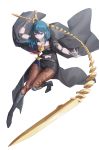  1girl absurdres arm_up armor bangs belt black_armor black_belt black_cape black_footwear black_shorts blue_eyes blue_hair boots breasts brown_legwear byleth_(fire_emblem) byleth_(fire_emblem)_(female) cape chinese_commentary closed_mouth commentary_request dagger detached_collar elbow_pads emblem eyebrows_behind_hair fire_emblem fire_emblem:_three_houses full_body gokuhaaa hair_between_eyes high_heel_boots high_heels highres holding holding_sword holding_weapon knee_boots large_breasts long_hair looking_at_viewer navel navel_cutout pantyhose patterned_clothing sheath sheathed short_shorts shorts sidelocks simple_background single_knee_pad smile solo sword sword_of_the_creator vambraces weapon whip_sword white_background 