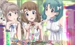  3girls blurry_foreground bottle breasts brown_hair commentary_request curly_hair dress flower green_hair highres idolmaster idolmaster_million_live! large_breasts leaf long_hair medium_breasts medium_hair miyao_miya multiple_girls neck_ribbon ribbon run_p_(aveton) scissors short_hair_with_long_locks short_sleeves sleeveless sleeveless_dress sundress table tenkuubashi_tomoka thick_eyebrows tokugawa_matsuri white_dress 