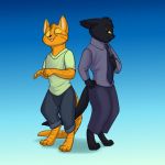  1:1 anthro black_body black_fur clothed clothing derp_eyes digitigrade domestic_cat duo felid feline felis foxenawolf fur gradient_background male mammal necktie orange_body orange_fur simple_background tongue tongue_out yellow_sclera 