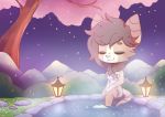  alyona_the_floof anthro canid canine chibi chiropteran eyes_closed female fox fur hot_spring inosagi japan lantern mammal noon onsen outside relaxing sitting smile solo tan_body tan_fur water 