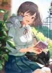  1girl ;d animal animal_on_shoulder bag bangs blue_skirt blurry blurry_background blush book braid breasts brown_hair bush cat cat_on_shoulder collared_shirt commentary day depth_of_field eyebrows_visible_through_hair fence green_ribbon grey_cat hair_ornament hair_ribbon hairclip haru_(hiyori-kohal) highres holding holding_book leaf long_sleeves medium_breasts neck_ribbon one_eye_closed open_book open_mouth original outdoors pleated_skirt purple_eyes red_neckwear red_ribbon ribbon school_bag school_uniform shirt short_hair side_braid sitting skirt smile solo symbol_commentary white_shirt wing_collar x_hair_ornament 