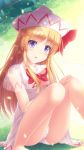 1girl blonde_hair blue_eyes bow dress eyebrows_visible_through_hair fairy_wings hat highres lily_white long_hair looking_at_viewer lzh on_ground open_mouth outdoors panties red_bow see-through sitting solo touhou underwear white_dress white_panties wings 