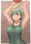  1girl animal_ears armpits arms_up aurochs_(kemono_friends) bar bare_arms basketball border breasts brown_eyes camisole collarbone cow_ears cow_horns empty_eyes extra_ears eyebrows_visible_through_hair green_camisole green_hair highres horns john_(a2556349) kemono_friends large_breasts looking_up multicolored_hair open_mouth short_hair solo sport tan throwing two-tone_hair 