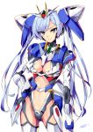  00_gundam 1girl blue_hair gundam gundam_00 hand_on_hip highres i.takashi looking_at_viewer mecha_musume personification solo twintails v-fin v-shaped_eyebrows white_background 