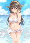 1girl bikini black_hair blue_sky breasts brown_eyes cleavage cloud commentary_request day gensoukitan hairband haruna_(kantai_collection) highres kantai_collection long_hair medium_breasts outdoors parted_lips partially_submerged sarong sitting sky solo swimsuit water white_bikini white_sarong 