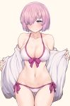  1girl 3: bangs bare_shoulders beige_background bikini blush bow breasts cleavage closed_mouth collarbone commentary_request cowboy_shot embarrassed eyebrows_visible_through_hair fate/grand_order fate_(series) front-tie_bikini front-tie_top hair_over_one_eye halterneck highres jacket jp06 large_breasts lavender_hair looking_at_viewer mash_kyrielight navel off_shoulder open_clothes open_jacket pink_bow purple_eyes short_hair side-tie_bikini simple_background solo standing swimsuit thigh_gap white_bikini 