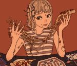  1girl bangs blonde_hair food food_on_face fork hair_ornament hairclip holding holding_food knife muted_color original pasta pizza plate red_background shirt short_hair sleeveless sleeveless_shirt solo spaghetti spoon striped striped_shirt upper_body yuusei_tsukiro 