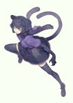  1girl animal_ears black_gloves black_hair black_jaguar_(kemono_friends) black_legwear black_neckwear black_skirt blue_eyes bow bowtie center_frills commentary_request don3 elbow_gloves eyebrows_visible_through_hair frilled_skirt frills fur_collar gloves highres jaguar_ears jaguar_girl jaguar_print jaguar_tail kemono_friends pleated_skirt print_gloves print_legwear print_skirt purple_frills purple_shirt scarf shirt short_hair short_sleeves skirt solo tail thighhighs zettai_ryouiki 