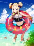  abigail_williams_(fate/grand_order) absurdres alternate_costume alternate_hairstyle animal bangs bare_shoulders beach bikini bird black_bikini blue_sky bow cloud cloudy_sky collarbone commentary_request crab day double_bun eating eyes_visible_through_hair fate/grand_order fate_(series) flamingo food food_on_face forehead hair_bow hair_bun hair_ornament highres holding ice_cream in_water leaf leg_ribbon looking_at_viewer medium_hair navel ocean open_mouth orange_bow parted_bangs plant purple_bow purple_eyes ribbon scrunchie sidelocks sky standing starfish stomach swimsuit two-tone_ribbon water wrist_scrunchie yuu_(higashi_no_penguin) 