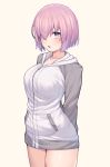  1girl :o arms_behind_back bangs beige_background blush breasts collarbone commentary_request cowboy_shot eyebrows_visible_through_hair fate/grand_order fate_(series) grey_jacket hair_between_eyes hair_over_one_eye highres hood hood_down hooded_jacket jacket jp06 large_breasts long_sleeves looking_at_viewer mash_kyrielight open_mouth pink_eyes pink_hair purple_eyes short_hair simple_background solo white_jacket 