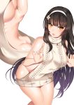  1girl armpits ass bad_anatomy black_hair breasts commentary_request girls_frontline hairband highres long_hair looking_at_viewer maze_yuri medium_breasts meme_attire open_mouth qbz-95_(girls_frontline) sideboob smile virgin_killer_sweater white_background yellow_eyes 