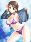  1girl absurdres bikini blue_jacket breasts brown_eyes brown_hair cleavage commentary_request cowboy_shot highres jacket leaning_forward looking_at_viewer medium_breasts nagano_akane navel open_clothes open_jacket original purple_bikini short_hair solo standing swimsuit 