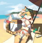  2020 4_fingers anthro beach bikini bikini_skirt blush breasts cleavage clothed clothing cloud cooler crayon1006 eyewear felid female fingers food fur goggles green_eyes hi_res ice_chest kemono looking_up mammal medium_breasts mia_(world_flipper) navel one_eye_closed pantherine popsicle sand seaside shade sky smile solo swimwear teeth tiger umbrella water yellow_body yellow_fur 