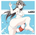  1girl ass barefoot bikini black_hair breasts brown_eyes character_name eyebrows_visible_through_hair front-tie_bikini front-tie_top hair_between_eyes hairband haruna_(kantai_collection) headgear innertube kantai_collection large_breasts long_hair open_mouth remodel_(kantai_collection) solo souji swimsuit toes white_bikini 