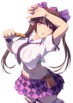  1girl arm_up belt black_neckwear bra breasts brown_hair checkered commentary_request green_bra green_panties hat himekaidou_hatate holding holding_phone kagami_toufu large_breasts long_hair midriff miniskirt navel necktie panties phone pleated_skirt pointy_ears pouch purple_eyes purple_headwear purple_skirt shirt simple_background skirt solo tokin_hat touhou twintails underwear watch white_background white_shirt wristwatch 