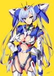  00_gundam 1girl blue_hair gundam gundam_00 hand_on_hip highres i.takashi looking_at_viewer mecha_musume personification solo twintails v-fin v-shaped_eyebrows yellow_background 