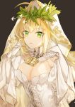  1girl ahoge artist_request bangs bare_shoulders blonde_hair blush breasts bridal_veil chain cleavage detached_collar detached_sleeves elbow_gloves fate/extra fate/extra_ccc fate_(series) full-length_zipper gloves green_eyes hair_between_eyes hair_intakes hands_up head_wreath highres large_breasts leotard lock long_hair long_sleeves looking_at_viewer nero_claudius_(bride)_(fate) nero_claudius_(fate)_(all) padlock parted_lips smile veil white_gloves white_leotard white_sleeves wide_sleeves zipper 