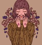  1girl blue_flower blue_nails brown_background closed_eyes facing_viewer flower green_sweater hands_up highres muted_color original plant purple_hair short_hair simple_background solo sweater upper_body yuusei_tsukiro 
