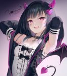 1girl :d armpits arms_up bangs black_bow black_choker black_hair black_vest black_wings blunt_bangs bow breasts bright_pupils center_frills choker collarbone commentary_request dared demon_girl demon_horns demon_tail demon_wings detached_sleeves eyebrows_visible_through_hair facial_mark frilled_shirt frills hood hooded_vest hoodie horns long_hair long_sleeves looking_at_viewer love_live! love_live!_sunshine!! mignon open_clothes open_mouth open_vest purple_background purple_eyes ribbon_trim shirt signature small_breasts smile solo tail tsushima_yoshiko unzipped upper_body upper_teeth vest white_shirt wings zipper 