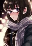  1girl bangs black-framed_eyewear black_hair blush character_name coat commentary_request copyright_name eyebrows_visible_through_hair glasses himawari-san himawari-san_(character) looking_at_viewer purple_scarf scarf solo sugano_manami upper_body 