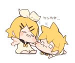  afterimage baby black_collar blonde_hair blush_stickers bow brother_and_sister cheek_pull chibi collar collared_dress commentary crying dress fighting furrowed_eyebrows hair_bow hair_ornament hairclip kagamine_len kagamine_rin kitsune_no_ko lying on_stomach sailor_collar short_hair siblings sitting solid_circle_eyes spiked_hair tears translated twins twitter_username vocaloid waving_arms white_background white_bow white_dress 
