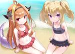 2girls araki_(qbthgry) beach black_hairband black_swimsuit blonde_hair bow coco_kaine commentary_request diagonal-striped_bow dragon_girl dragon_horns dragon_tail flat_chest frilled_swimsuit frills hairband hololive horn_bow horns kiryuu_coco long_hair multicolored_hair multiple_girls ocean orange_hair purple_eyes red_eyes red_swimsuit sitting streaked_hair swimsuit tail twintails virtual_youtuber younger 